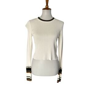 Topshop Ribbed Knit Sweater White with Striped Cuffs – Size US 8